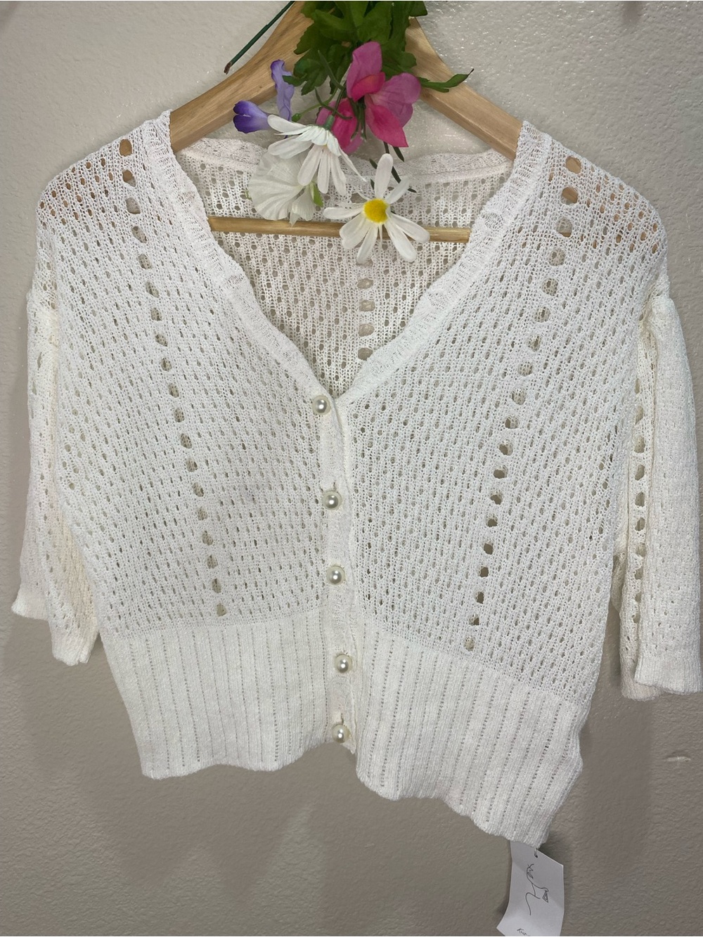 XL Romantic,cottage, soft girl Cropped White Open-Knit Pearl Button Cardigan